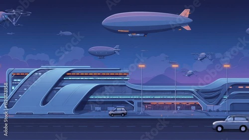Wallpaper Mural Futuristic airport with drones and airships at dusk Torontodigital.ca