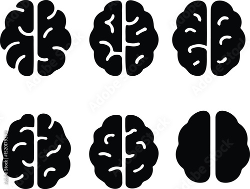 Black silhouette and minimal icons of human brain in various angles representing intelligence, anatomy, and mental health
