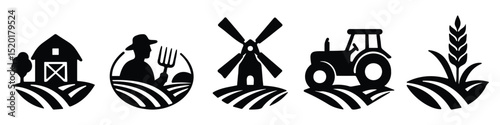 Farming and agriculture logotype icon set in silhouette style featuring windmills, fields, and barns representing rural countryside life