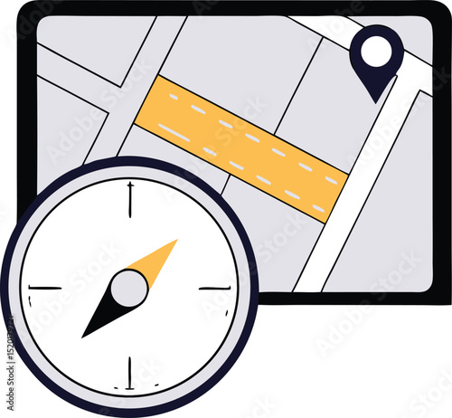Illustration of a map with pin and compass indicating location and direction