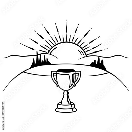 Trophy with Rising Sun Icon Vector. Sunrise behind a trophy logo