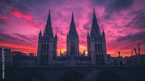 Majestic spires in silhouette against a dusky sky with fading ambient light