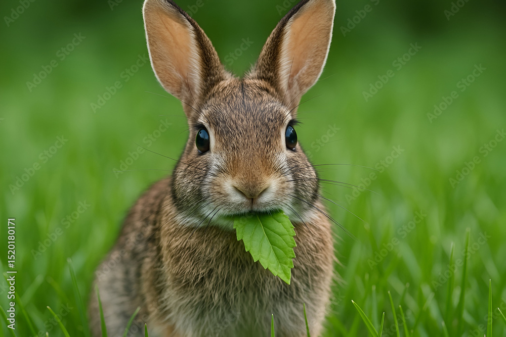 Fototapeta premium Cute wild rabbit eating a green leaf in a grassy field