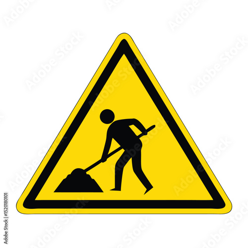 Road works sign. Attention, road works are underway. Warning sign work on road. Red triangle sign with silhouette working person inside. 