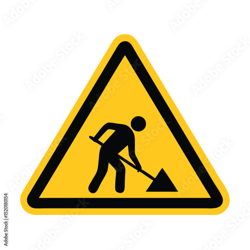 Road works sign. Attention, road works are underway. Warning sign work on road. Red triangle sign with silhouette working person inside. 