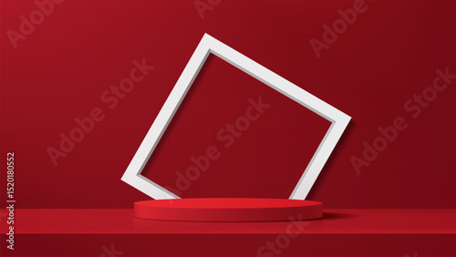 Realistic bright red cylindrical 3d podium with white inclined frame for the presentation and presentation of goods