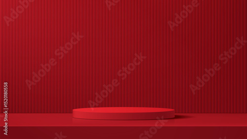 Realistic red cylindrical 3d podium for the presentation and presentation of goods