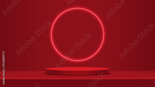 Realistic bright red cylindrical 3d podium with neon circle for the presentation and presentation of goods