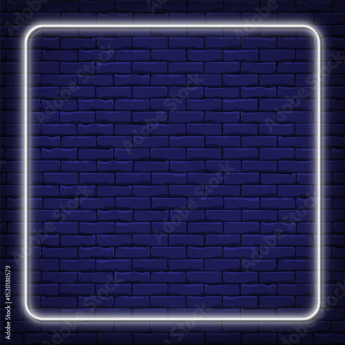 Square white neon frame on brick background mockup for social media