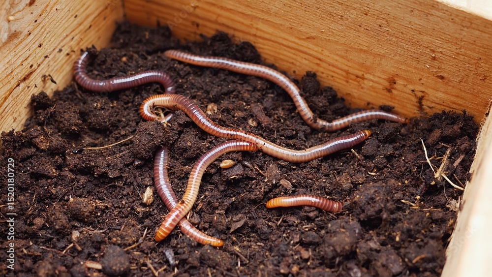 Fototapeta premium a wooden box filled with dark, moist soil, in which several earthworms are visible. This indicates the health of the ecosystem and the fertility of the soil.