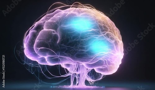 Animated rendering of a human brain illuminated with colorful light emitting artistic neural connections