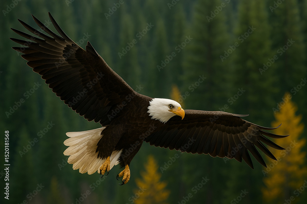 Fototapeta premium Majestic Bald Eagle Soaring Above Forest, Displaying Freedom and Natural Beauty