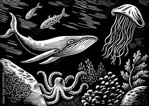 A black and white sketch vector of marine life: whale, octopus, jellyfish, coral reef in artistic style