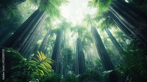 Massive vertical rock columns stretching toward the sky framed by dense subtropical forest