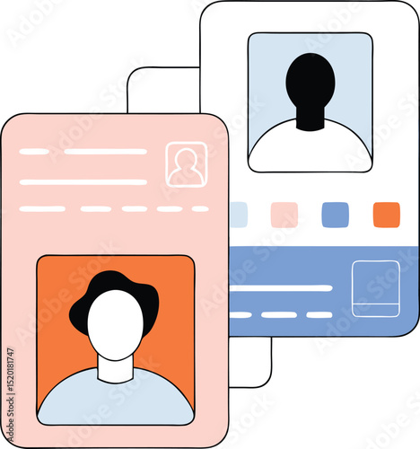 Modern illustration of two id cards with faceless profile portraits and minimalist design