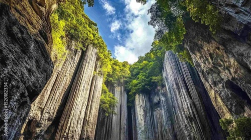 Massive vertical rock columns stretching toward the sky framed by dense subtropical forest