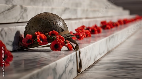 Military Helmet with Poppies on Marble Steps – Memorial Day Tribute Concept