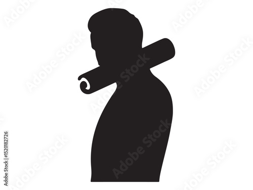 Silhouette of a Person Carrying a Roll of Material on Their Neck