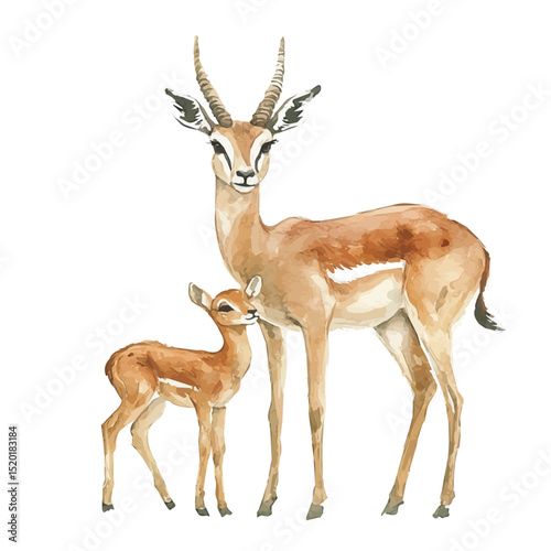 watercolor vector of A Mother Gazelle With Her Kid, high quality, isolated on a white background.