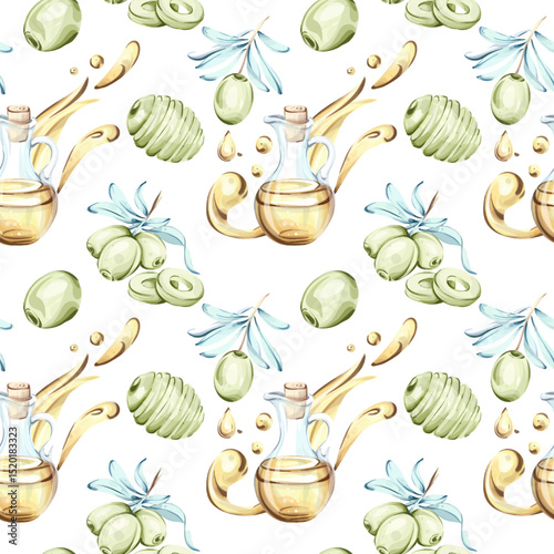 Seamless pattern of olives and olive oil in watercolor technique creating a background wallpaper inspired by Italian cuisine nature and healthy living