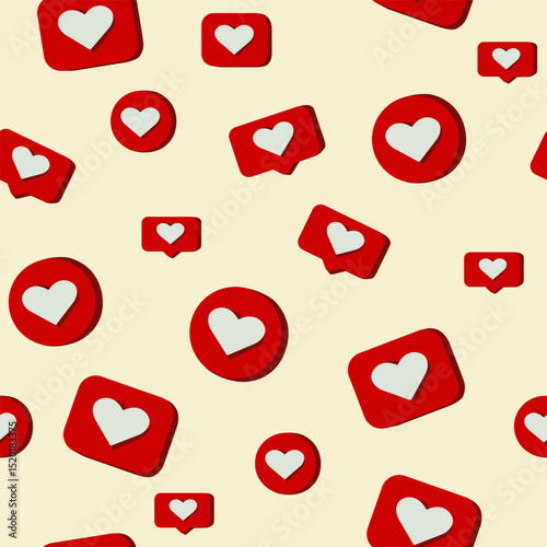 Seamless pattern with hearts in the form of red messages on a beige background. Vector illustration, for decorating your designs in a symbolic holiday style likes