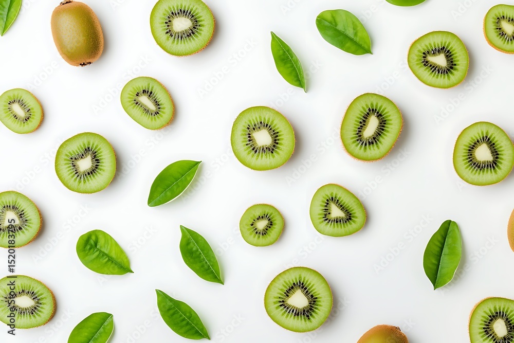 Fototapeta premium A whole kiwi fruit, its halves, and slices arranged on a white background