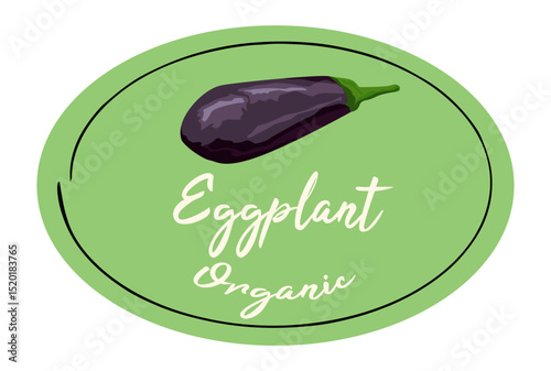 Vector illustration of a fresh eggplant and the handwritten text 'Organic'. Clean, colorful design ideal for eco-friendly food labels,vegetarian product packaging.