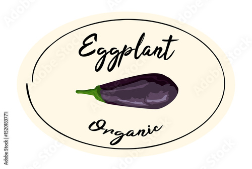 Vector illustration of a fresh eggplant and the handwritten text 'Organic' on light background. Clean, colorful design ideal for eco-friendly food labels,vegetarian product packaging.