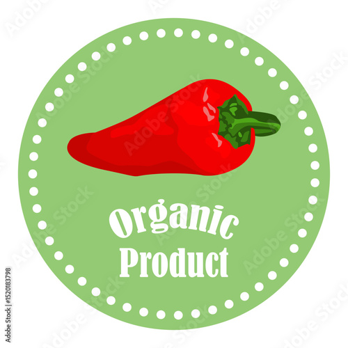 Round sticker with Fresh Red Organic Chili Cayenne Pepper Label. Vegetable store tag.