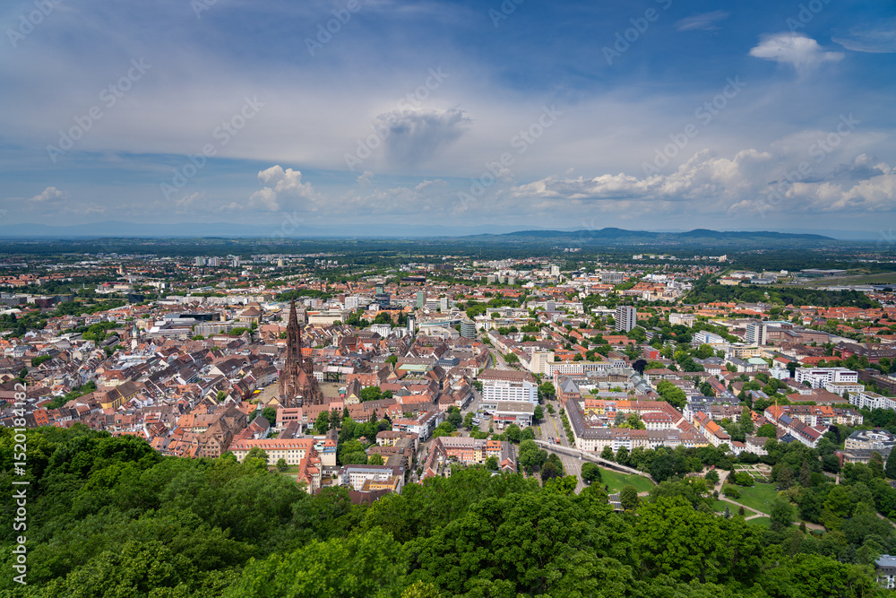 Naklejka premium Panoramic Cityscape View with Historic Cathedral and Urban Surroundings