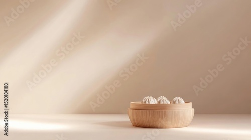 Minimalist background with centered bamboo steamer containing beautifully arranged dumplings
