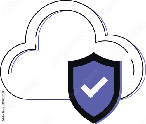 Secure cloud computing icon shield with checkmark on transparent background