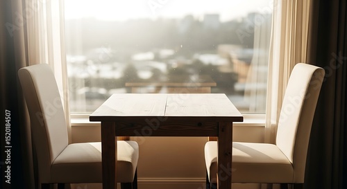 An intimate setting featuring a wooden table flanked by two white chairs set before a sunlit window showcasing urban scenery and diffused light creating a serene atmosphere.