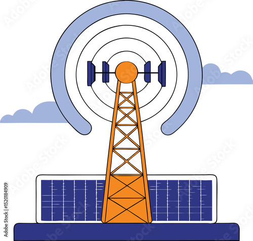 Simplified illustration of communication tower antenna infrastructure with clouds on transparent background