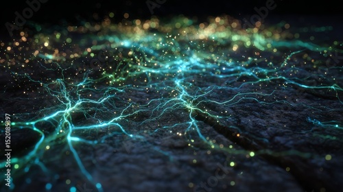 Intricate network of glowing mycelium spreading across a dark, textured forest floor. Bioluminescent highlights in blues and greens.
