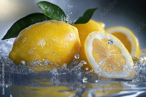bright yellow lemon and green leaves splashing in crystal clear water with dynamic movement, creating a refreshing and lively composition. Perfect for beverage, health or summer-themed designs.