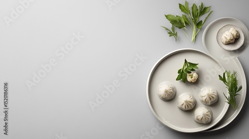Minimalist modern presentation of dim sum on matte ceramic plates with clean background
