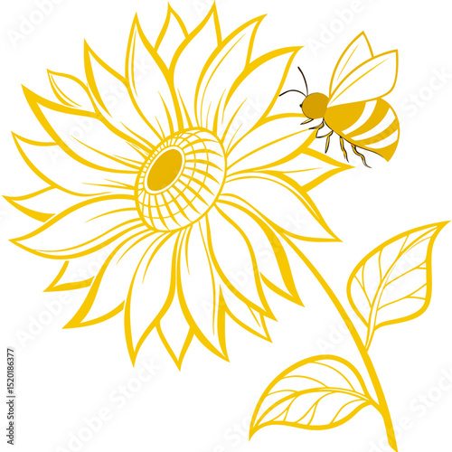 Illustration of a Bee Collecting Pollen from a Sunflower