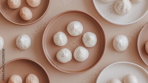 Minimalist modern presentation of dim sum on matte ceramic plates with clean background