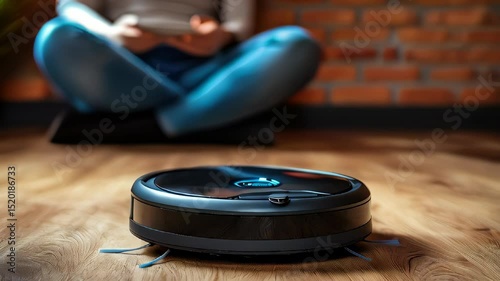 A girl sets up a robot vacuum cleaner for cleaning.
