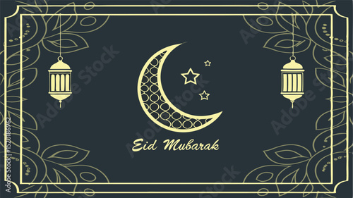 Festive Islamic Eid Mubarak Card with Ornate Borders