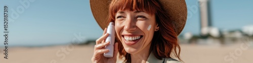 Young caucasian female enjoying sun protection on beach photo