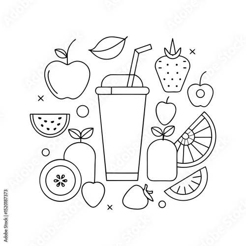 Outline of Healthy Fresh Fruit Smoothies Line Art Vector