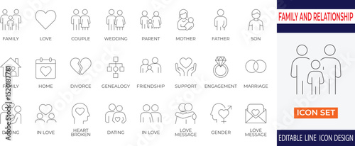 A heartwarming line icon set representing family bonds, relationships, love, and togetherness. Ideal for wedding invitations, parenting blogs, social apps, and emotional storytelling designs.