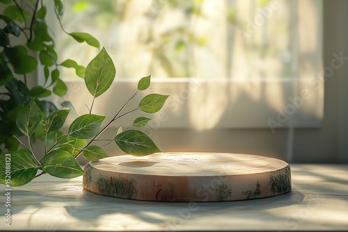 Rustic Wooden Platter on Round Wood Table with Indoor Plants for Elegant Home Decor