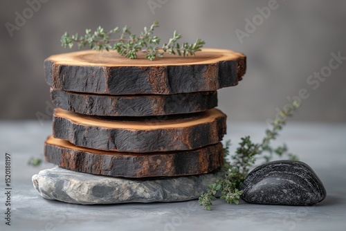 Nature-Inspired Herbal Display. Rustic Wooden Slices with Thyme Sprigs and Stone Base for Eco-Friendly Kitchen Decor