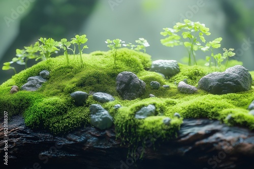 Lush Greenery and Moss on Rocks. Vibrant Woodland Forest Spring Eco-Friendly Landscape