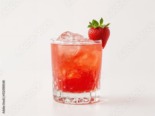 Refreshing Strawberry Cocktail with Ice Cubes and Fresh Fruit Garnish - Perfect Alcoholic Summer Party Drink Served in a Stylish Glass