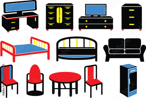 Colorful Cartoon Furniture Set: Desk, Bed, Sofa, Chairs, Tables, and Storage Units.