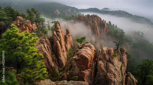 Mist clinging to jagged rock peaks in a moody, overcast forest atmosphere